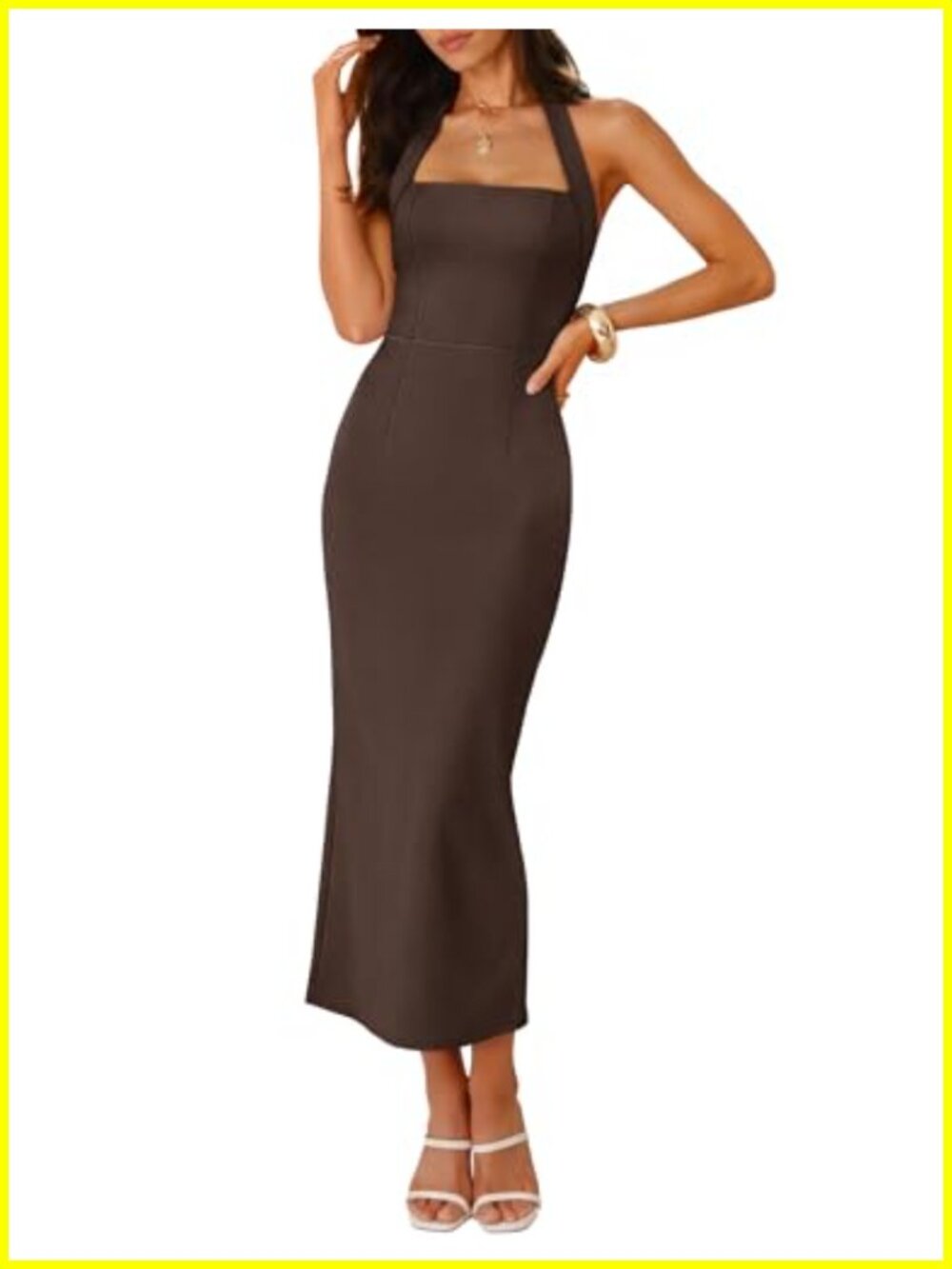 Womens Bodycon Halter Neck Midi Dress Sleeveless Open Back Side Slit Cocktail